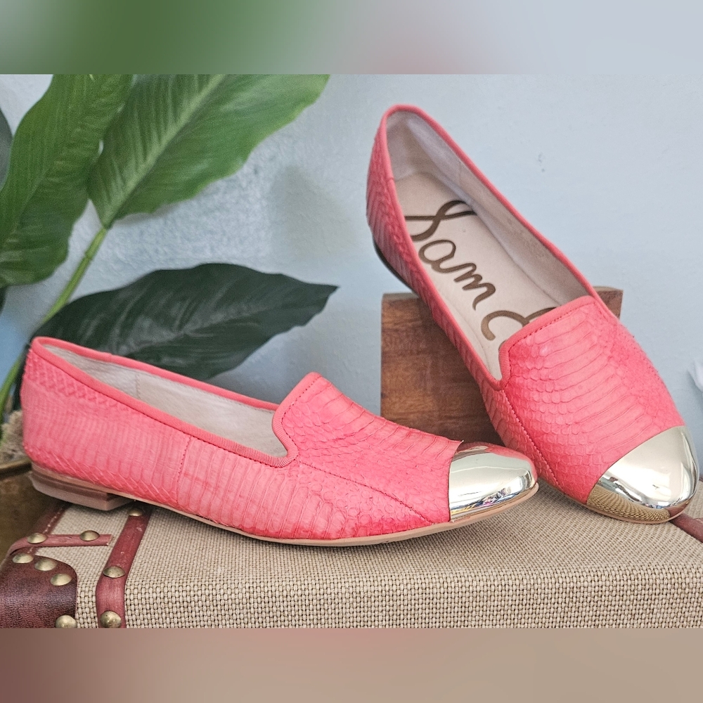 SAM EDELMAN Aster Flats, Metallic Cap Toe & Snakeskin-effect Leather Finish!
